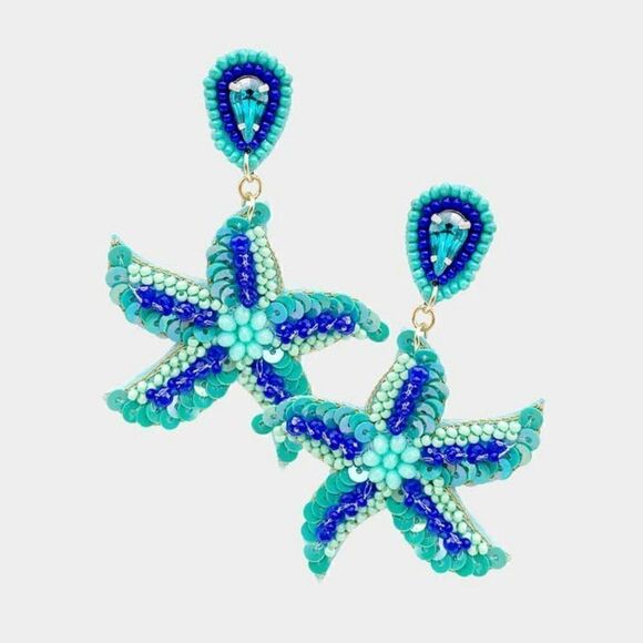 Starfish Teal Blue Seed Bead Earrings - Picture 1 of 6